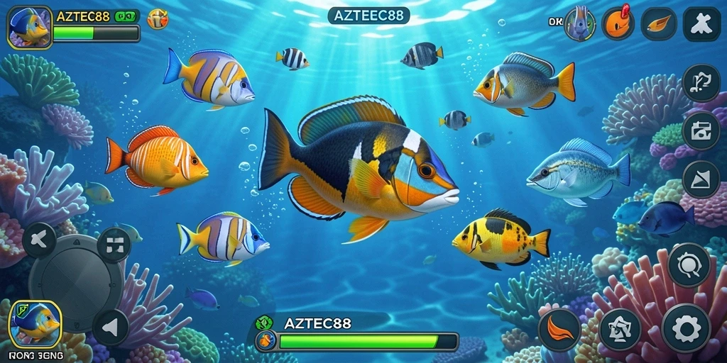 Screenshot permainan AZTEC88 menampilkan aksi menembak ikan yang menegangkan.