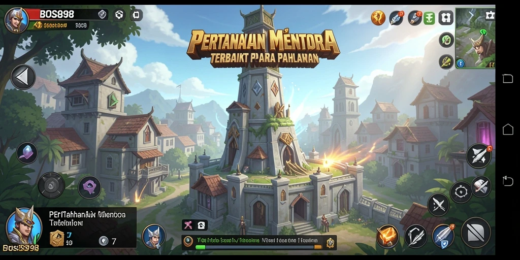 Screenshot gameplay BOS898 menampilkan aksi menara mempertahankan wilayah.