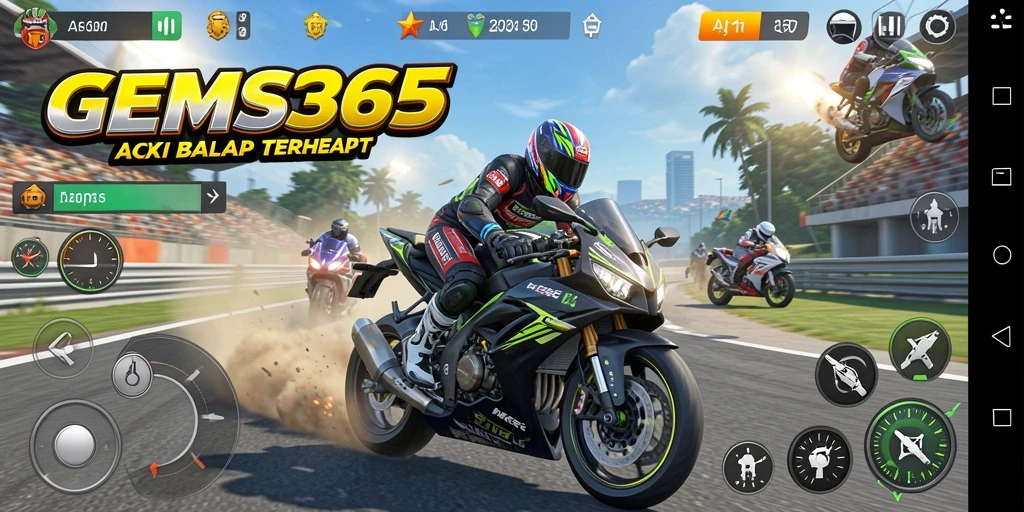 Tampilan seru gameplay GEMS365 dengan aksi balap motor yang mendebarkan.