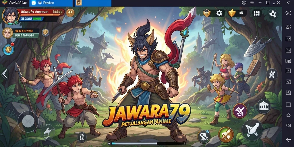 Screenshot utama JAWARA79 menampilkan karakter Anime dalam pertarungan yang seru.