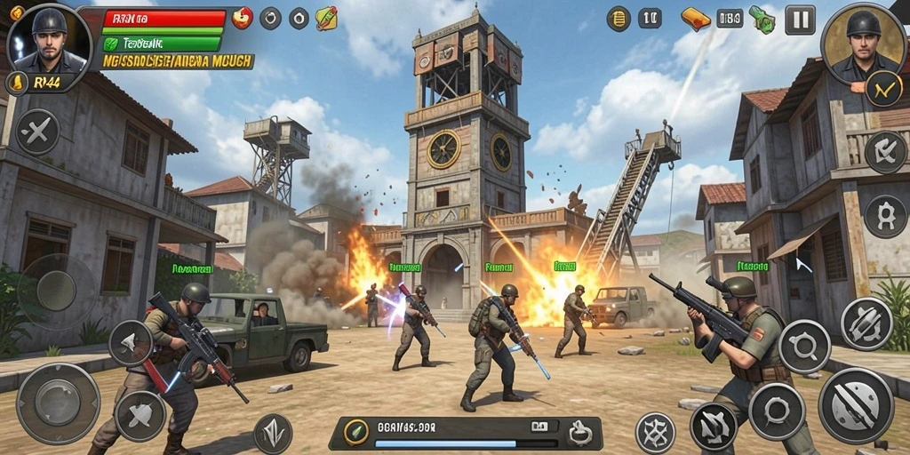 Screenshot gameplay RR44 menampilkan pertempuran seru dengan menara pertahanan yang strategis.