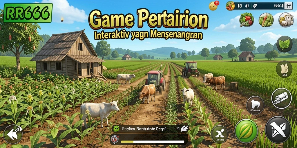 Screenshot gameplay RR666 menunjukkan ladang hijau yang subur dan hewan ternak yang bahagia.